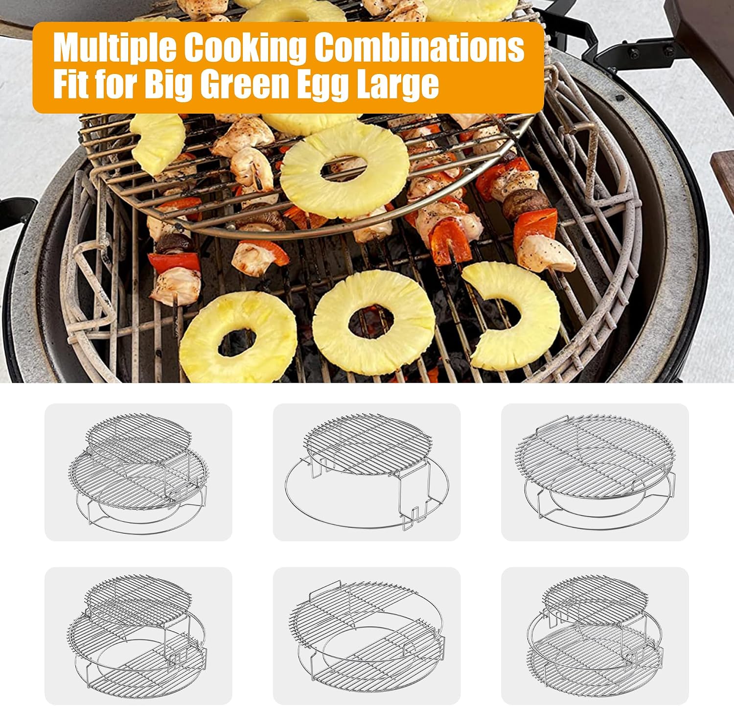 BBQ-PLUS Expander Rack Replacement Kit for Large Big Green Egg,Heavy Duty Stainless Steel 3 Tier 5 Piece Grill Basket Accessories with Removable Cooking Rack System Large