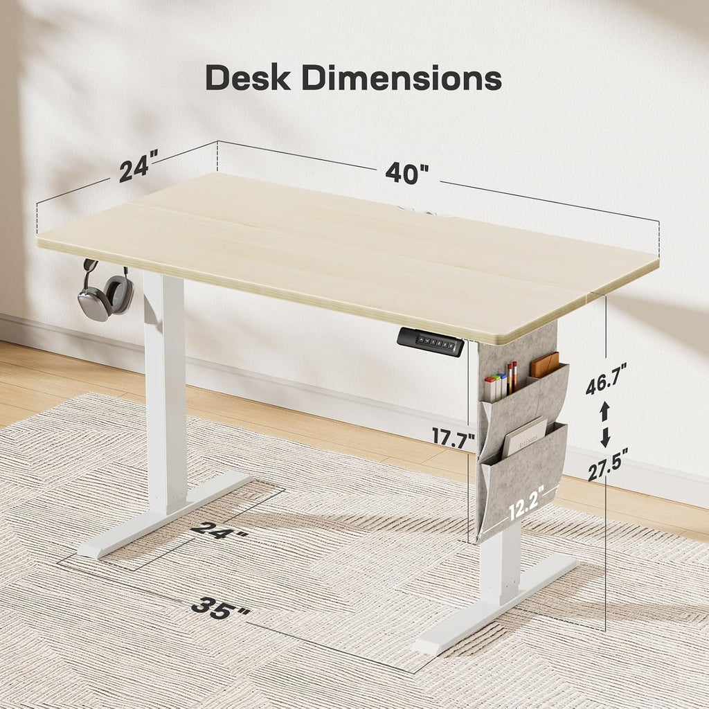 Marsail Electric Standing Desk, 40x24 Inch Adjustable Height Home Office Gaming Desk with 4 Memory Presets, Storage Bag, Stand-Up Desk for Computer Workstations. Headphone Hook,Cable Organizer