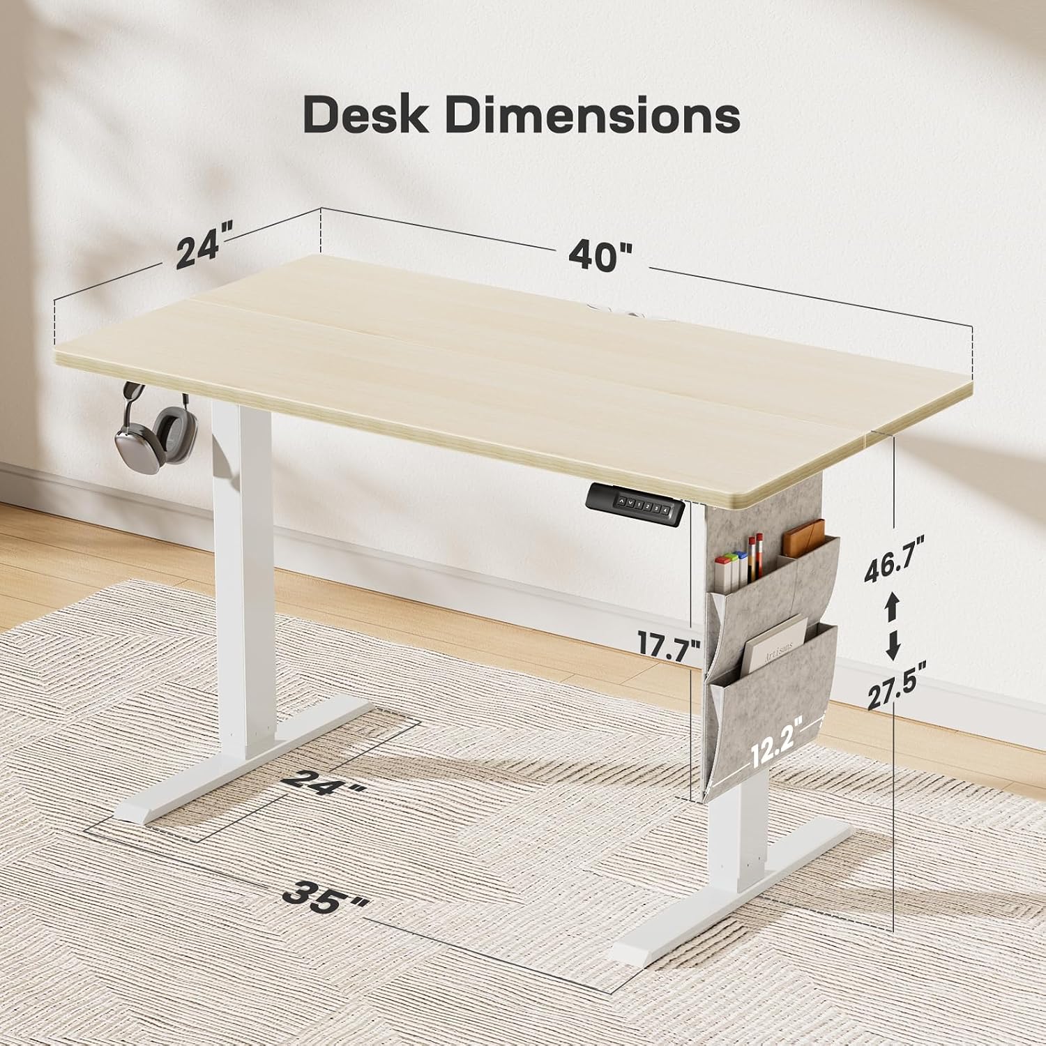 Marsail Electric Standing Desk, 40x24 Inch Adjustable Height Home Office Gaming Desk with 4 Memory Presets, Storage Bag, Stand-Up Desk for Computer Workstations. Headphone Hook,Cable Organizer