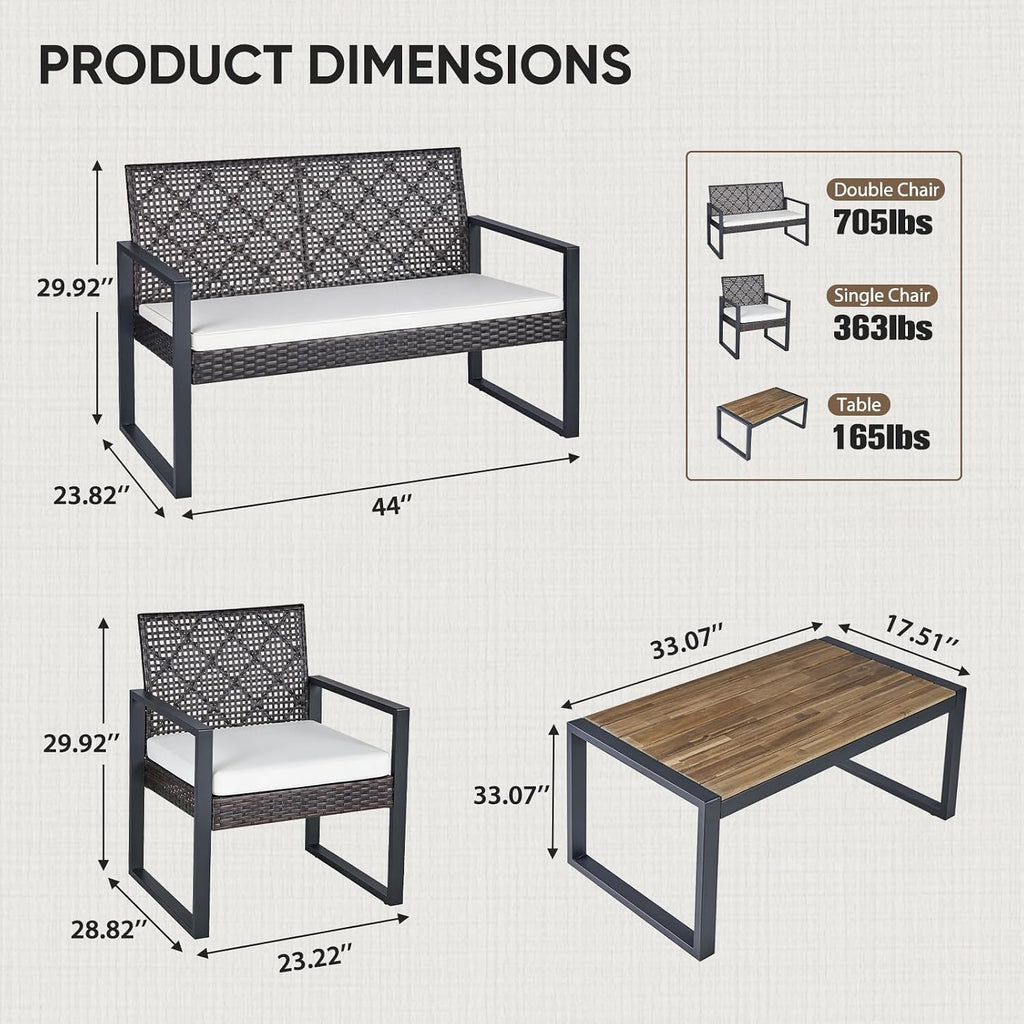 COOS BAY Haven Lounge 4 Piece Rattan Patio Furniture Set, Outdoor Wicker Patio Conversation Set for Balcony & Backyard, Dark Brown/Beige