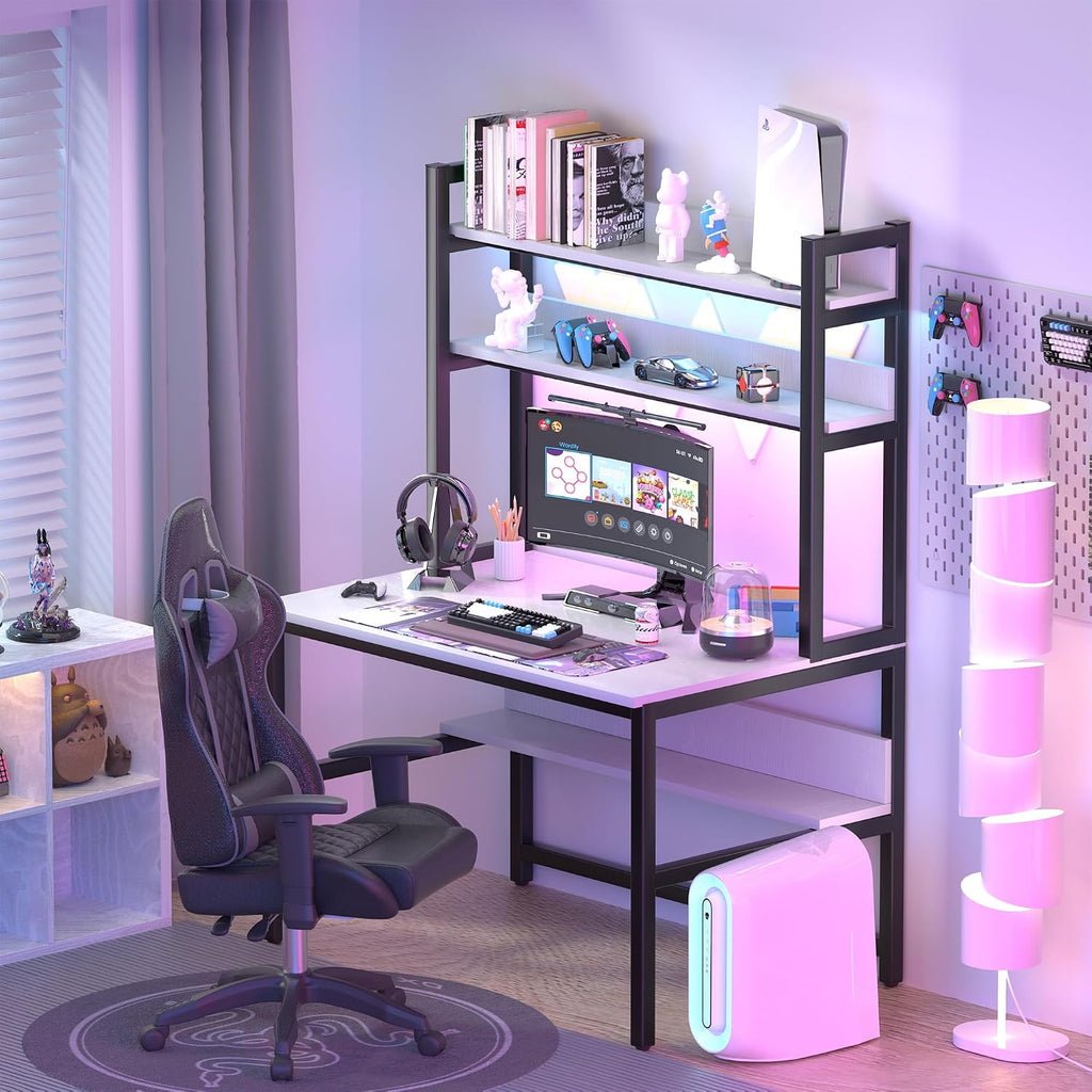 Aquzee Computer Desk with Shelves, 47' W x 23.6' D Gaming Desk with Hutch and Bookshelf, White Study Table for Bedroom Space Saving with 3 Tier Storage Shelf, Home Office Desk for Writing Work