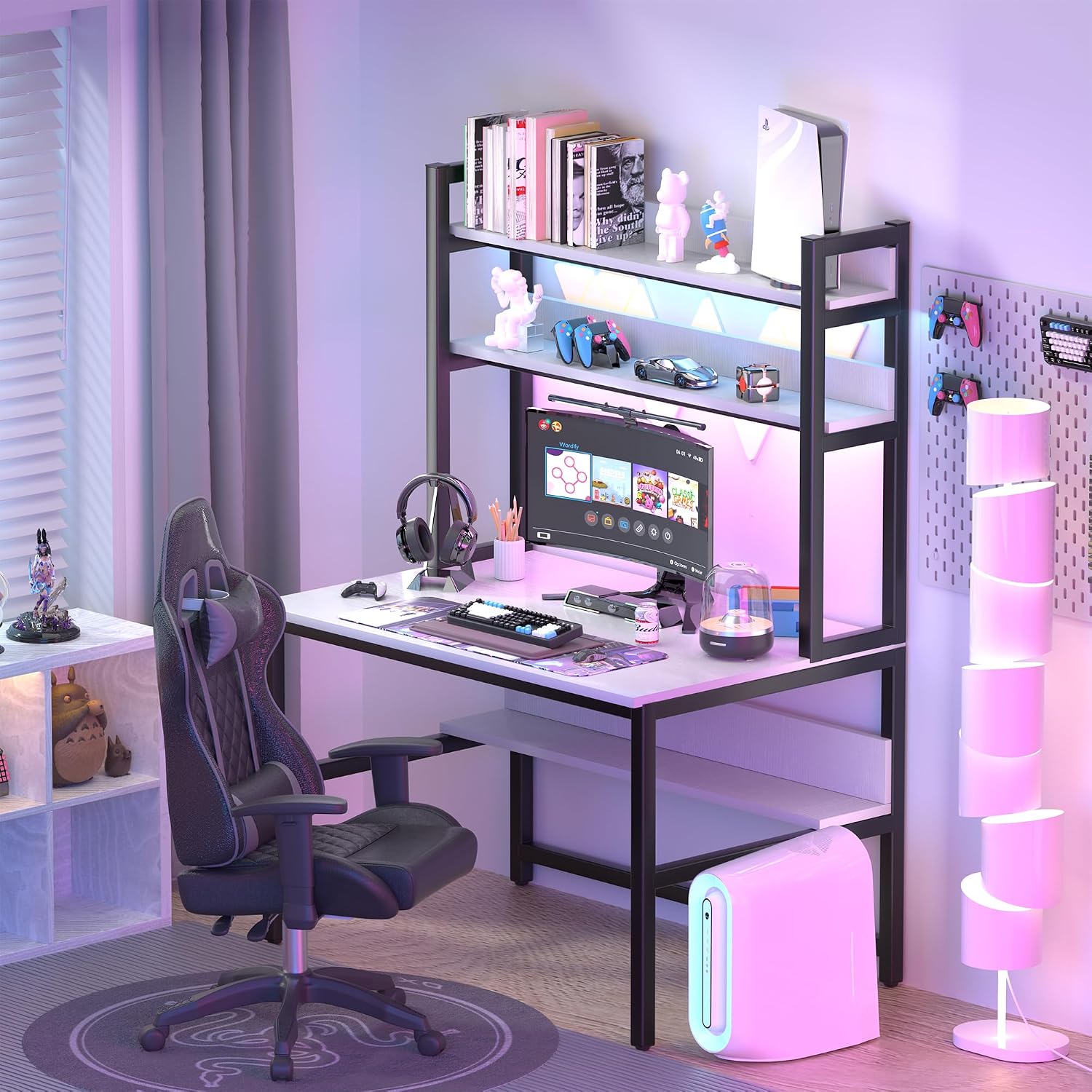 Aquzee Computer Desk with Shelves, 47' W x 23.6' D Gaming Desk with Hutch and Bookshelf, White Study Table for Bedroom Space Saving with 3 Tier Storage Shelf, Home Office Desk for Writing Work