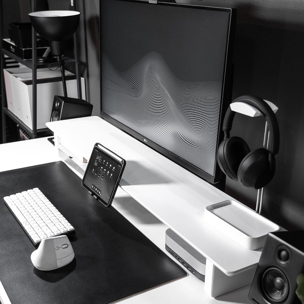 Raico Desk Cockpit Shelf Monitor Stand System Dual Screen Setup Wood Large Desk Accessory Organizer Unit (Matte White, Full Length v2 | 45.7 Inches)