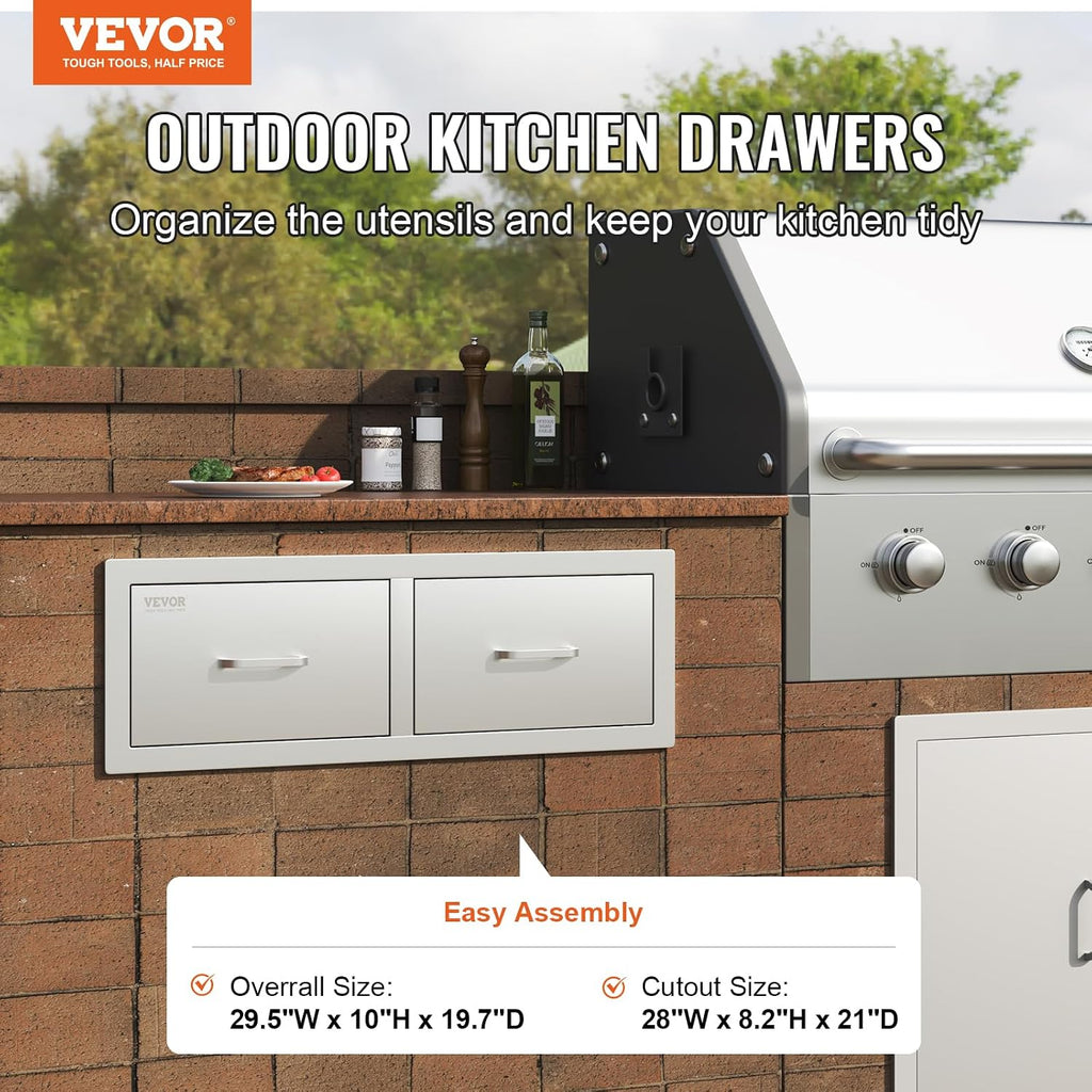 VEVOR Outdoor Kitchen Drawers 30' W x 10' H x 20' D, Horizontal Double BBQ Access Drawers Stainless Steel with Handle, BBQ Island Drawers for Outdoor Kitchens or Patio Grill Station