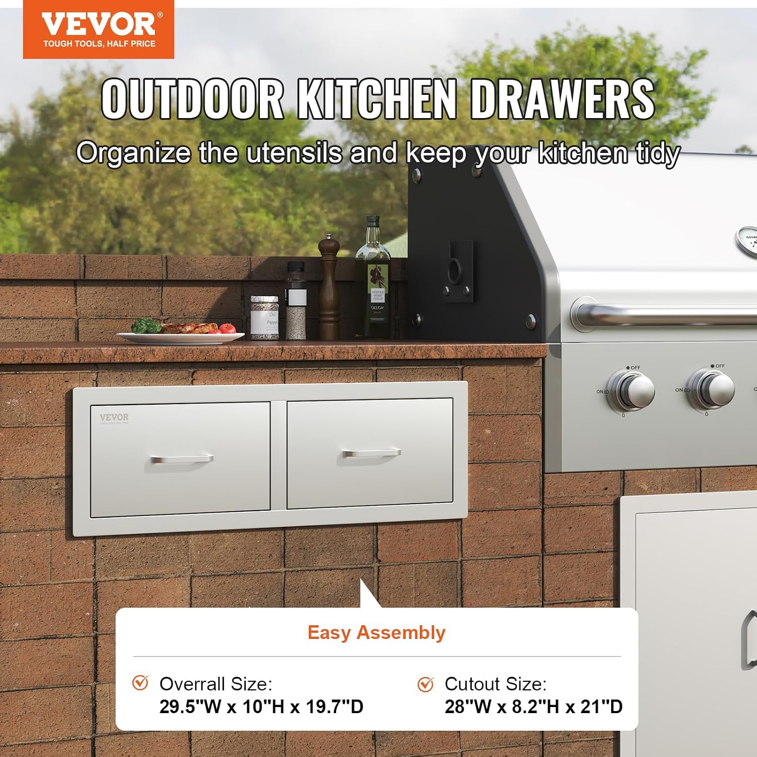 VEVOR Outdoor Kitchen Drawers 30' W x 10' H x 20' D, Horizontal Double BBQ Access Drawers Stainless Steel with Handle, BBQ Island Drawers for Outdoor Kitchens or Patio Grill Station