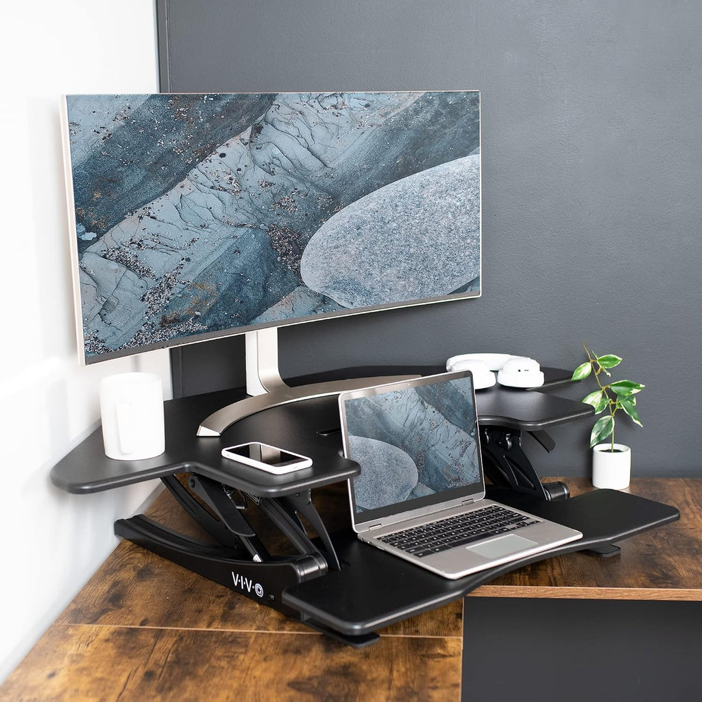 VIVO 43 inch Corner Height Adjustable Cubicle Stand Up Desk Converter, V Series, Quick Sit to Stand Tabletop Dual Monitor Riser Workstation, Black, DESK-V000VC