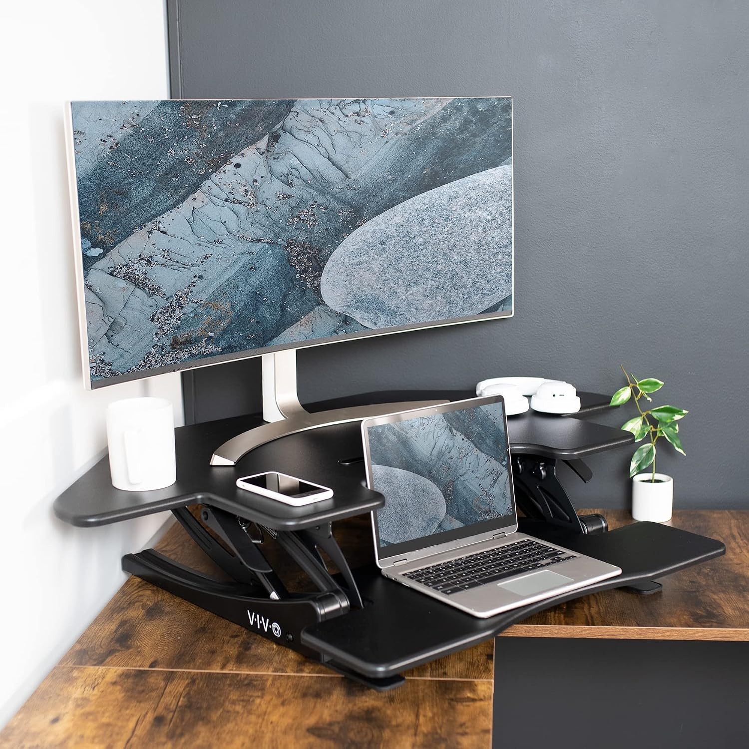 VIVO 43 inch Corner Height Adjustable Cubicle Stand Up Desk Converter, V Series, Quick Sit to Stand Tabletop Dual Monitor Riser Workstation, Black, DESK-V000VC