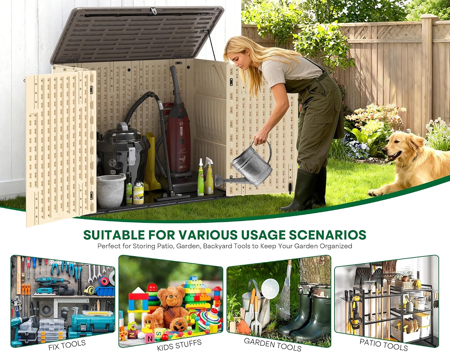 Outdoor Storage Shed, 30 Cu Ft Waterproof Horizontal Resin Storage Cabinet, Weather-Resistant Garden Shed Trash Can Storage with Pad-Lockable Doors for Backyards (Khaki)