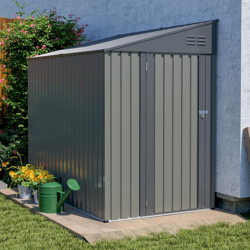 4 × 7 FT Lean to Storage Shed, Outdoor Metal Wall Side Bike Mower Sheds & Outdoor Storage Cabinet, Lockable Tool Organization Shed for Garden Patio
