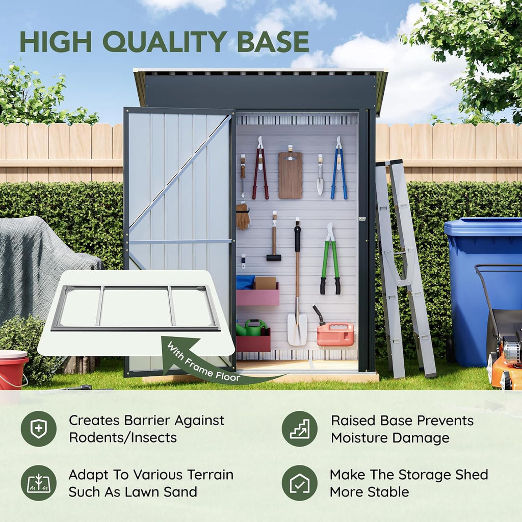 3x5 FT Outdoor Metal Storage Shed with Floor Frame, Single Door, 1 Clear Window, Tool Shed for Garden, Patio, Backyard