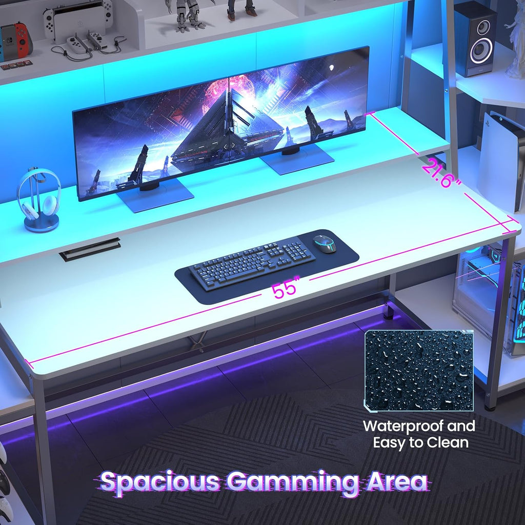 SEDETA White Gaming Desk 78.8'' with LED Lights, Hutch and Storage Shelves, Computer Desk with Monitor Stand, Large PC Gamer Desk Workstation, Ergonomic Gaming Table for Bedroom, Living Room