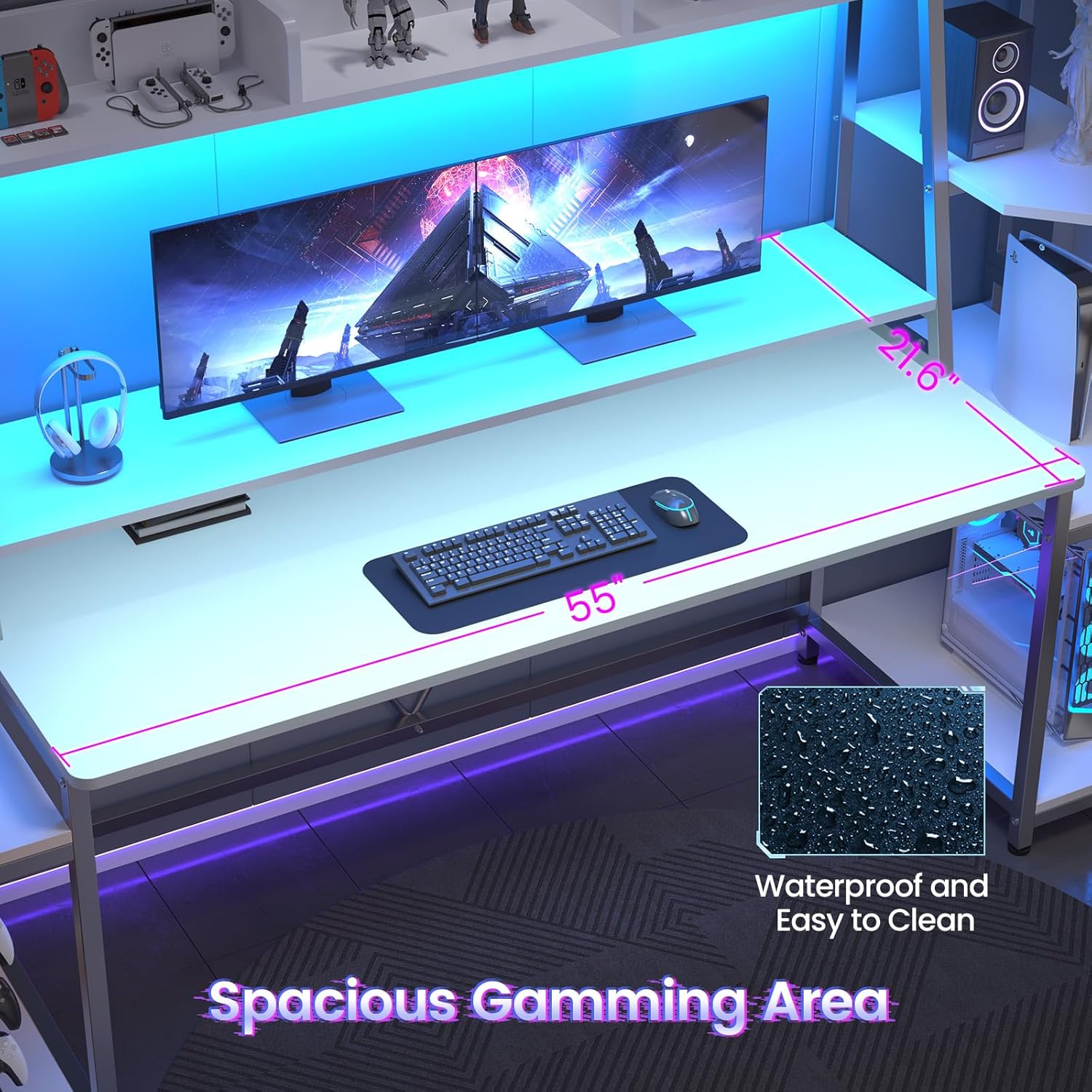 SEDETA White Gaming Desk 78.8'' with LED Lights, Hutch and Storage Shelves, Computer Desk with Monitor Stand, Large PC Gamer Desk Workstation, Ergonomic Gaming Table for Bedroom, Living Room