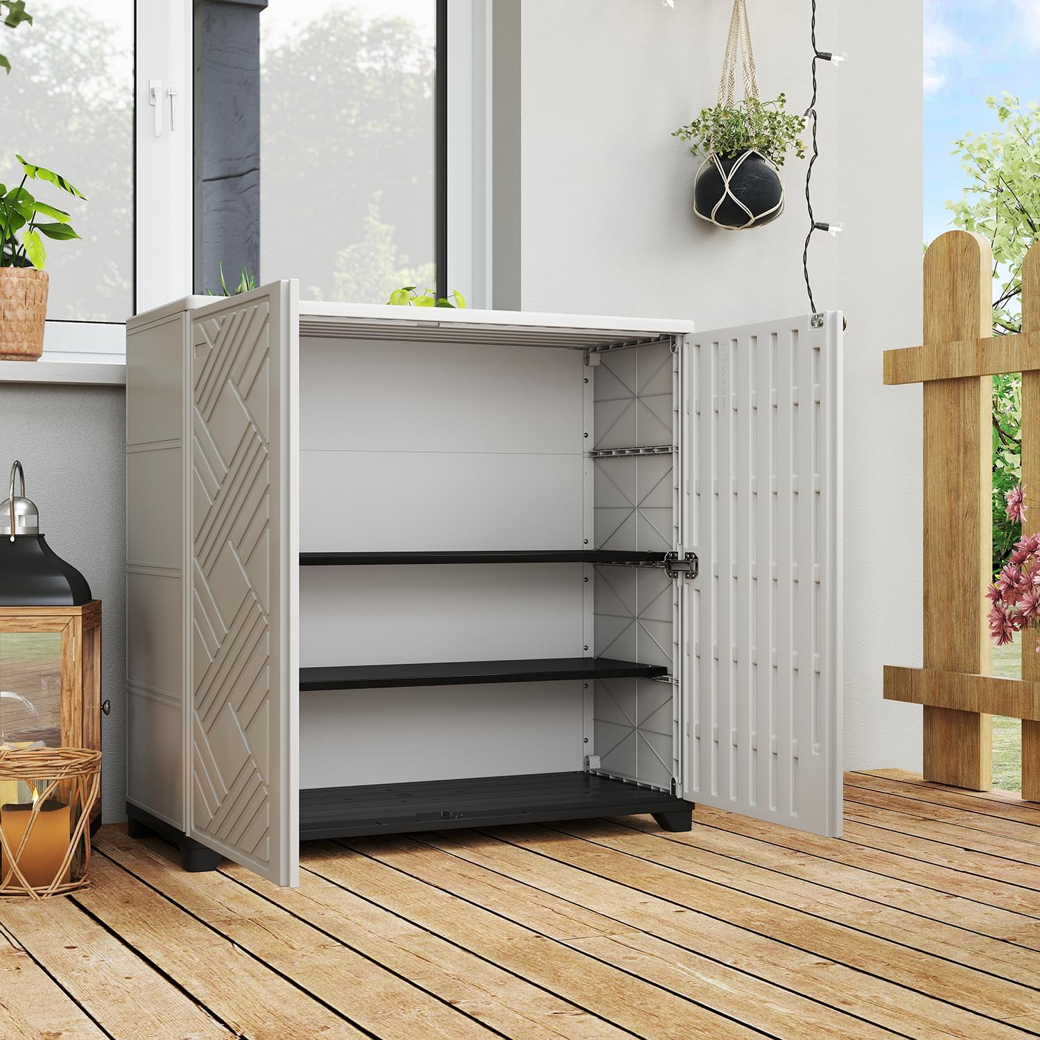 HOMSPARK Indoor/Outdoor Storage Cabinet with Doors and 2 Metal Shelves, 34'x15'x34' HDPE Plastic Storage Box for Patio, Garden, Enterway, Balcony, Multi-Purpose for Daily Tools, White