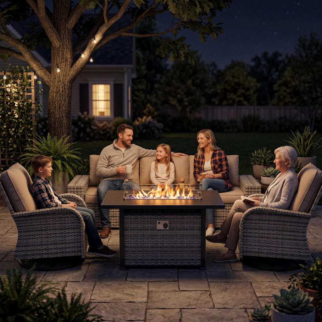 13-Piece Outdoor Patio Furniture Set with 55,000 BTU Fire Pit Table, PE Wicker Rattan Sectional Sofa Patio Conversation Set with Coffee Table, Dark Grey