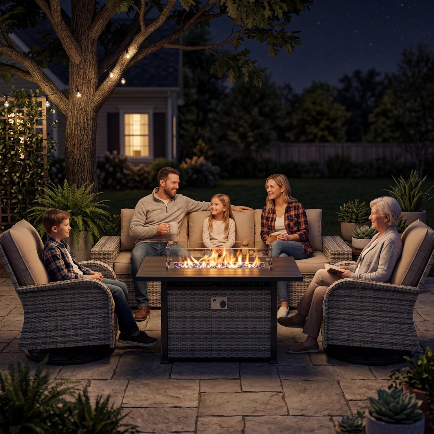 13-Piece Outdoor Patio Furniture Set with 55,000 BTU Fire Pit Table, PE Wicker Rattan Sectional Sofa Patio Conversation Set with Coffee Table, Dark Grey