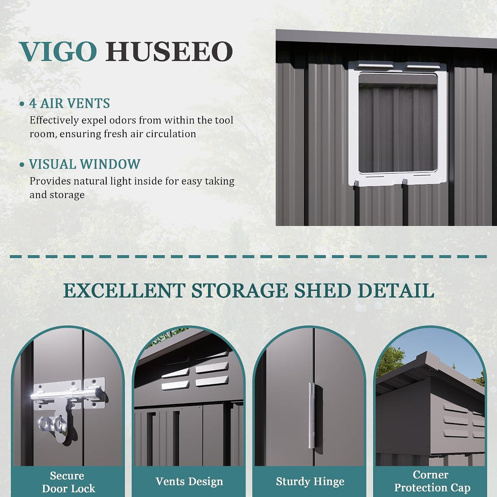 4 * 9.2 * 6 FT Outdoor Storage Shed, Galvanized Steel Garden Shed with Lockable Door & Window, Waterproof Metal Tool Storage for Garden, Backyard, Patio, Lawn(Gray)