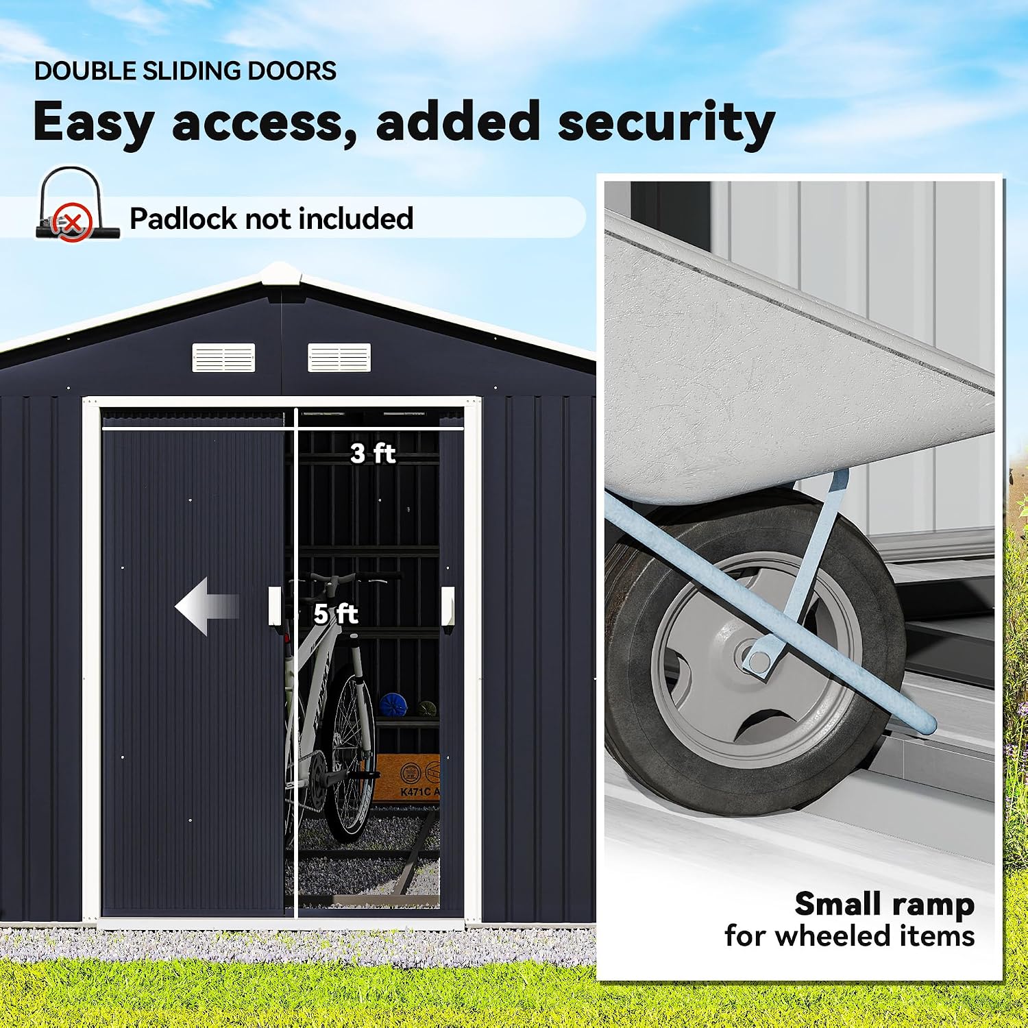 Outsunny 11' x 9' Outdoor Storage Shed, Garden Tool Metal Shed with Foundation Kit, Double Lockable Door, Air Vents and Sloping Roof, for Backyard, Patio, Lawn, Dark Gray