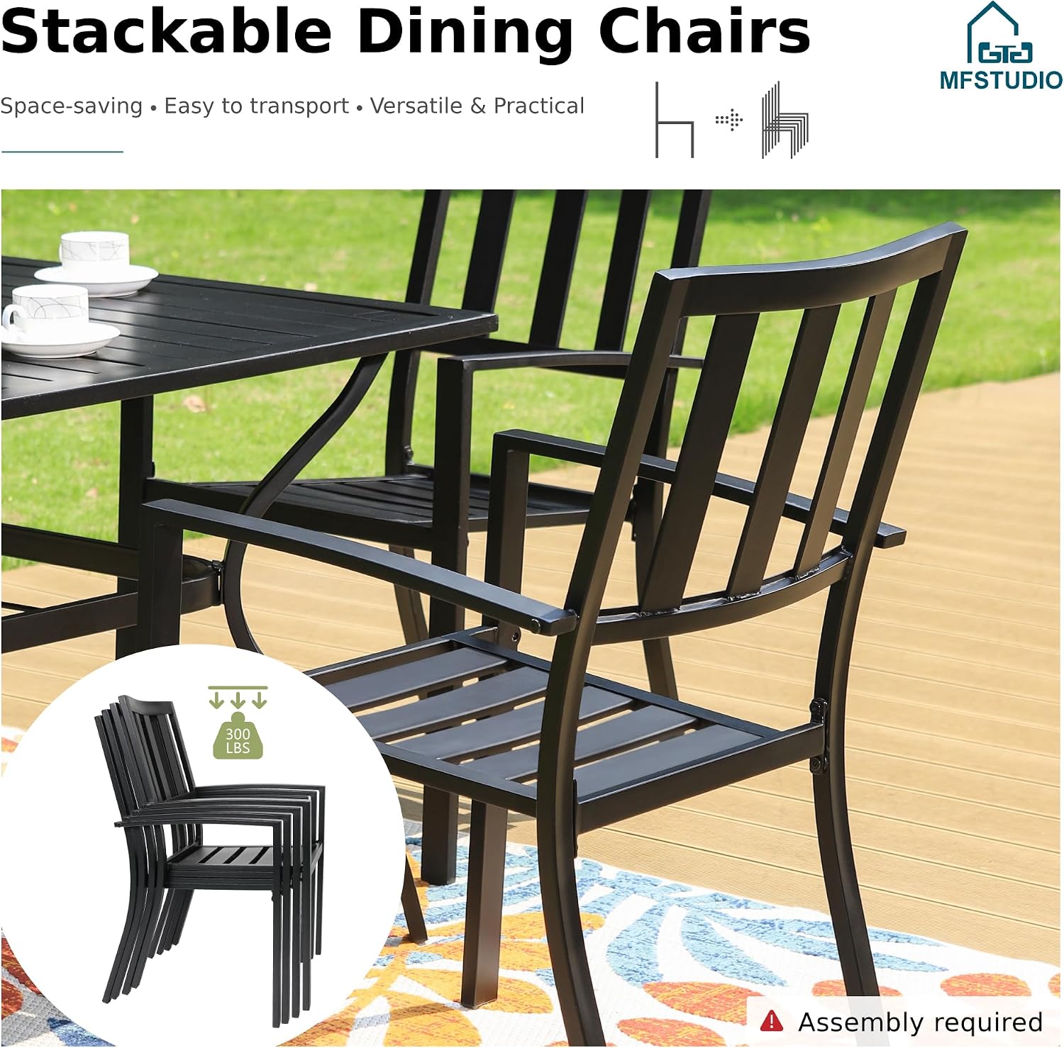 MFSTUDIO Outdoor Dining Set for 4, Patio Table and Chairs Set with Umbrella Hole, Metal Patio Dining Set for Deck/Backyard/Poolside/Garden
