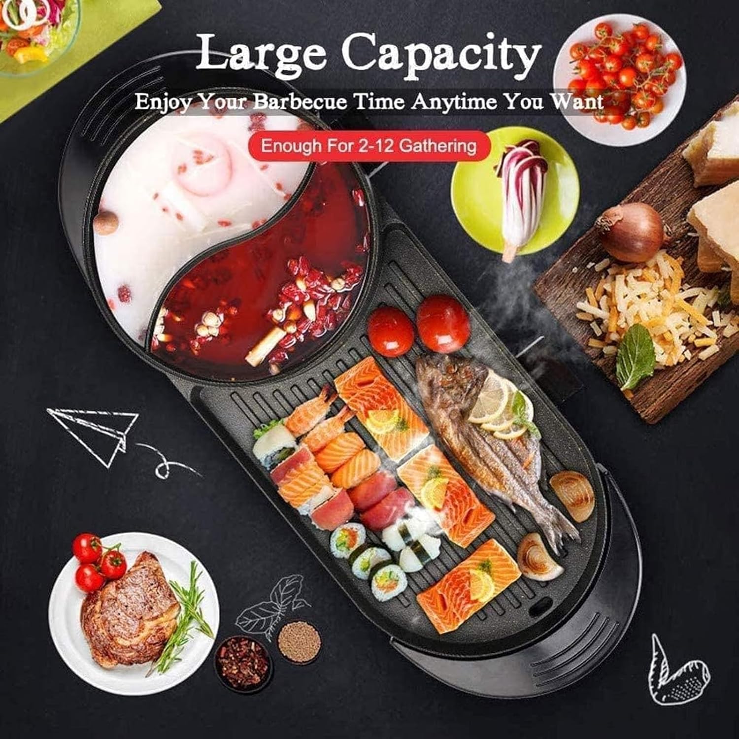 Electric 2 in 1 Grill Indoor Hot Pot Multifunctional Teppanyaki Grill/Shabu Shabu Pot Smokeless with 5 Level Temperature for Family Gathering, Party Indoor/Outdoor