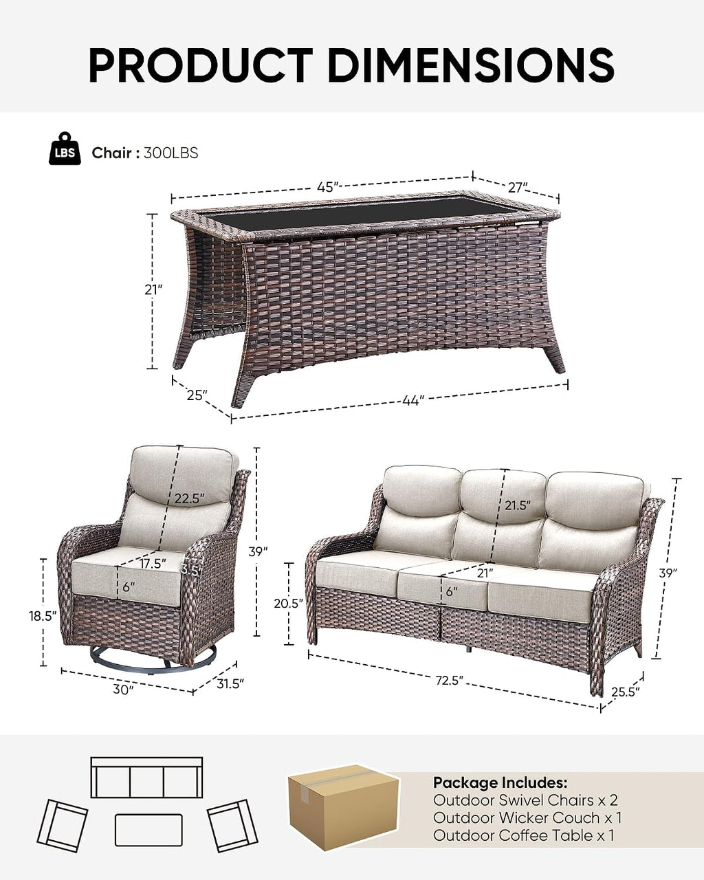 HUMMUH 6 inch Thick Cushion Wicker Patio Furniture Set with Outdoor Swivel Rocker Patio Chairs,High Back Outdoor Couch and Coffee Table for Porch Garden Deck