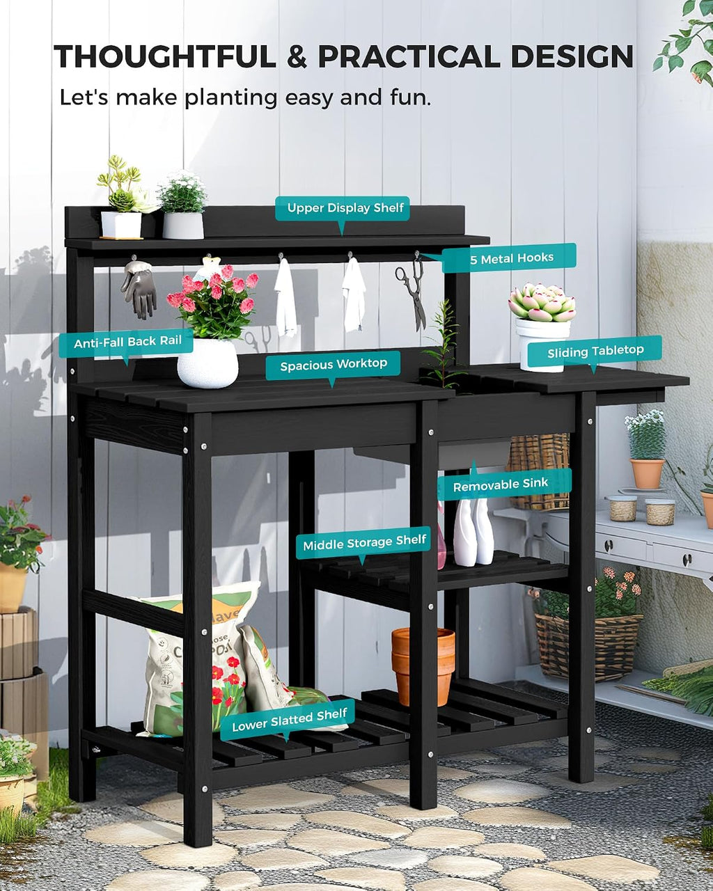SERWALL Outdoor Potting Bench with Removeable Sink,Rot-Resistant HDPE Potting Table for Outside Gardening, All Weather Use - Black