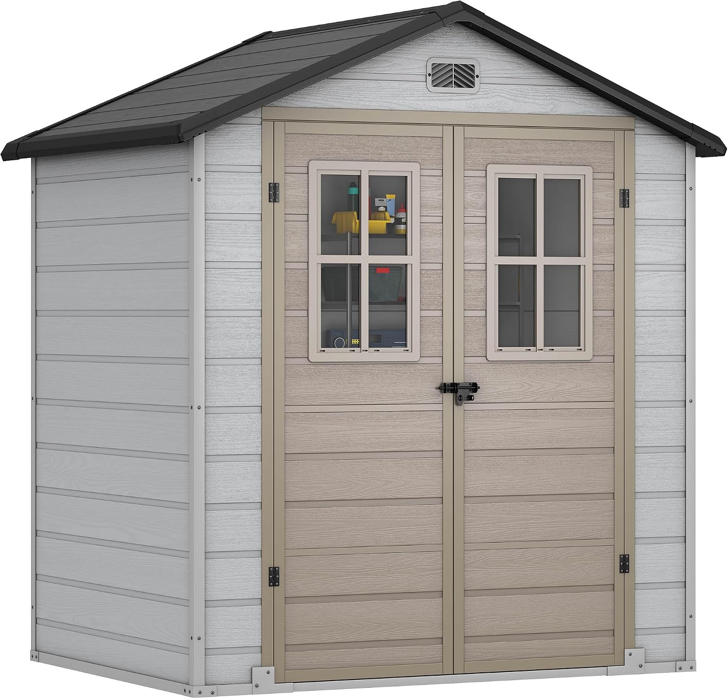 DWVO 6x4.4 FT Outdoor Storage Shed, Plastic Garden Tool Shed with 2 Windows, Double-Wall Outside Shed for Lawn Mower, Garden Tool for Backyard Patio, Lockable, Greige&Gray