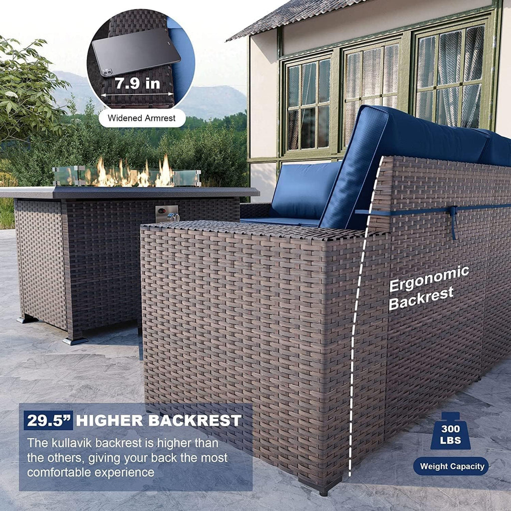 Kullavik 7 Pieces Outdoor Patio Furniture Set with 43' 55000BTU Gas Propane Fire Pit Table PE Wicker Rattan Sectional Sofa Patio Conversation Sets,Navy Blue