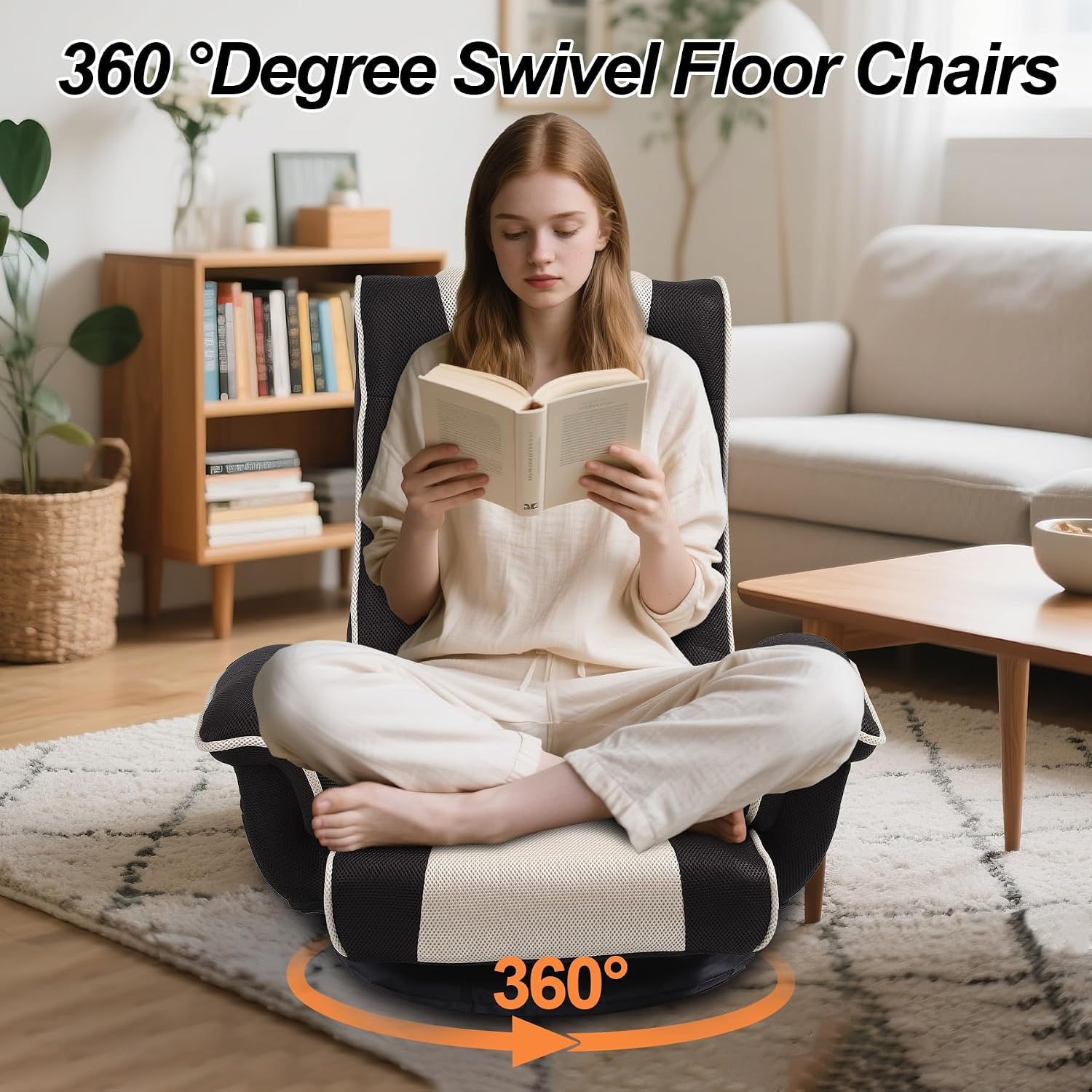 Swivel Floor Chairs for Adults, Floor Gaming Chair with Extra Wide Arms, Back Support 14 Angles Adjustable Comfortable Double Mesh Fabric Lazy Sofa for Video Game Chairs 201 (Black+Beige)