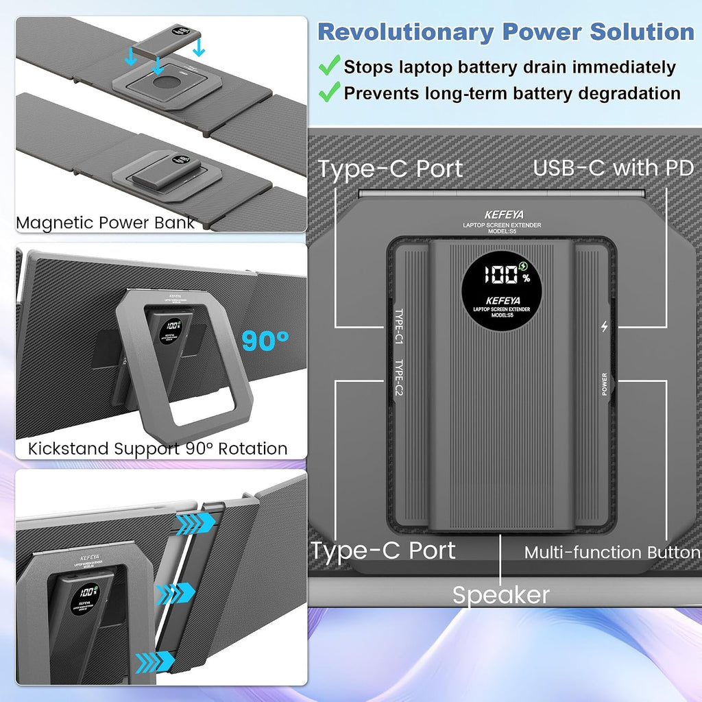 KEFEYA 15.6' Laptop Screen Extender, Includes Power Bank, FHD 1080P IPS Triple Laptop Monitor Extender for 13-17' Laptops, Plug & Play with HDMI/USB-A/TYPE-C/Hub, Compatible with Windows, Mac, Android