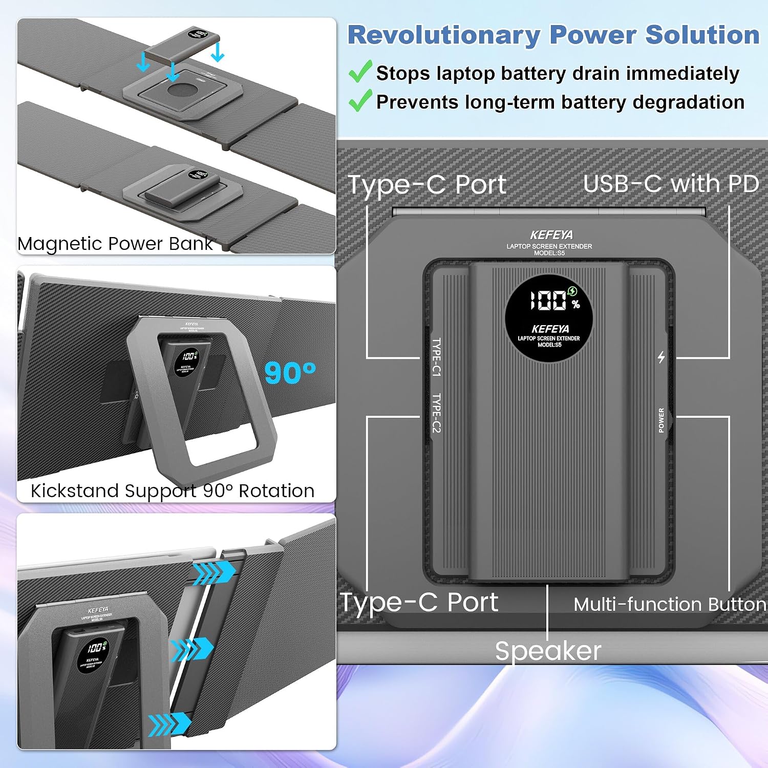 KEFEYA 15.6' Laptop Screen Extender, Includes Power Bank, FHD 1080P IPS Triple Laptop Monitor Extender for 13-17' Laptops, Plug & Play with HDMI/USB-A/TYPE-C/Hub, Compatible with Windows, Mac, Android