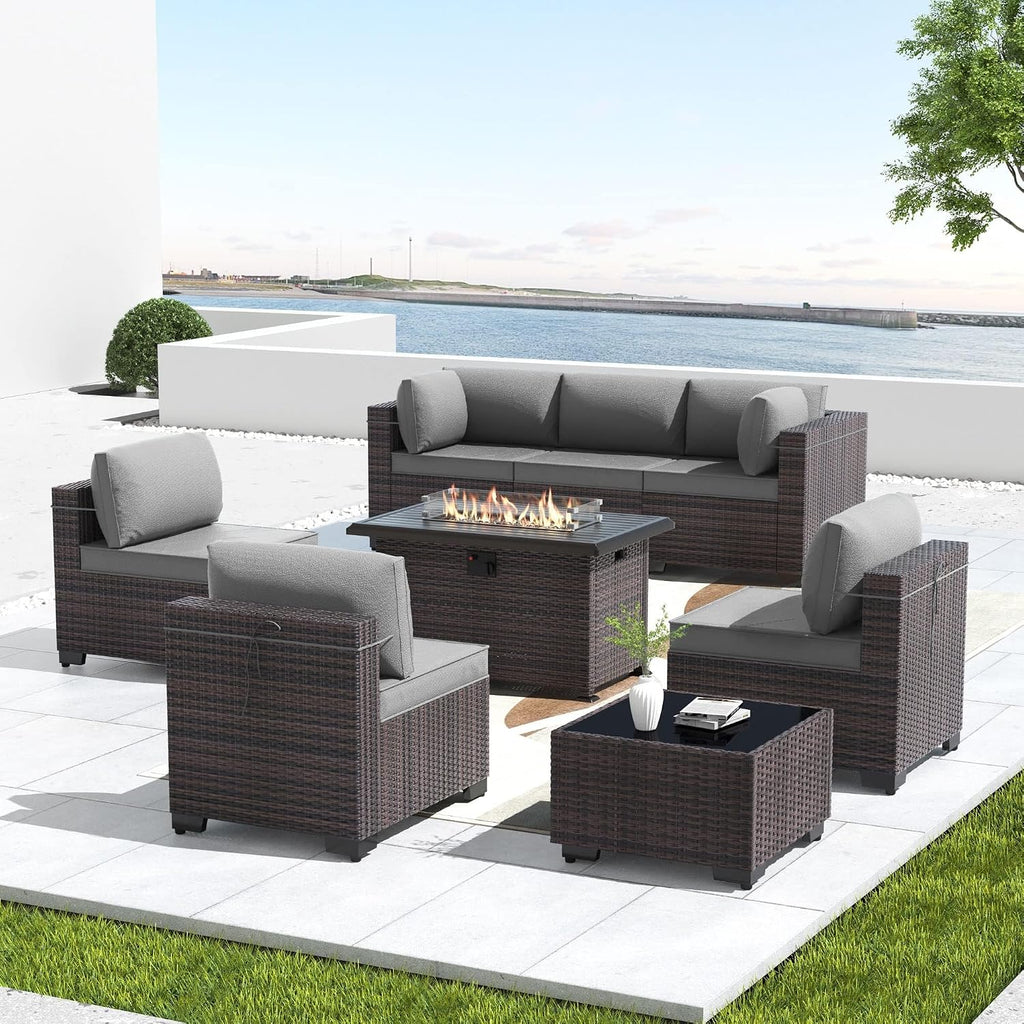 Kullavik 8 Pieces Outdoor Patio Furniture Set,Sectional Sofa Set with 43' 55000 BTU Gas Propane Fire Pit Table,Brown PE Rattan Wicker Patio Conversation Set,Grey