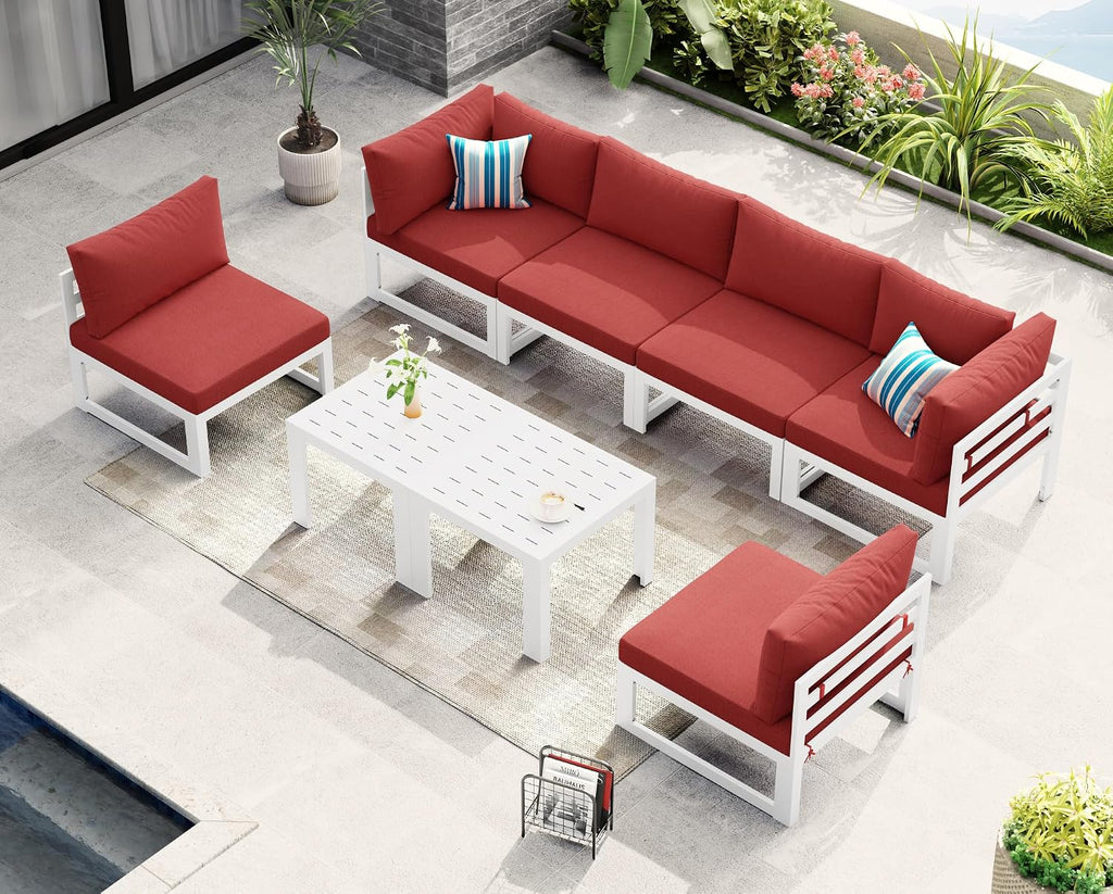 NICESOUL 6 Person Modern Aluminum Outdoor Patio Furniture Set, 29' Wide Deep Seating, Fade & Water Resistant L Shaped Modular Sectional Couch, Large Comfy Conversation Set for Backyard Terrace, Red