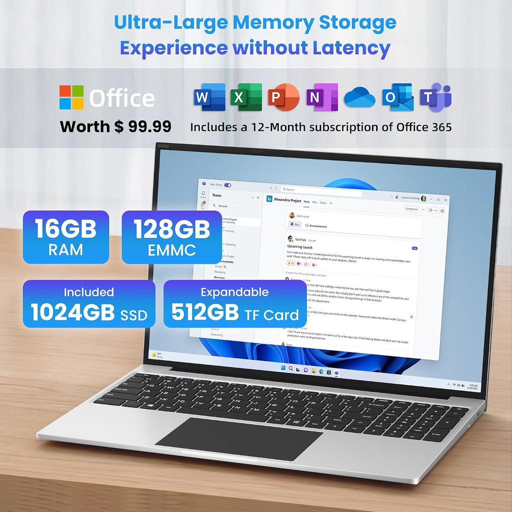 jumper 16 Inch Laptop,12th N150 Processor,1200P IPS Display,1-Year Office 365, 16GB DDR4, 1TB SSD 128GB ROM, Windows 11 Computer, tubro Boost 3.6GHz, Type-C, Purple, for Business and Students.