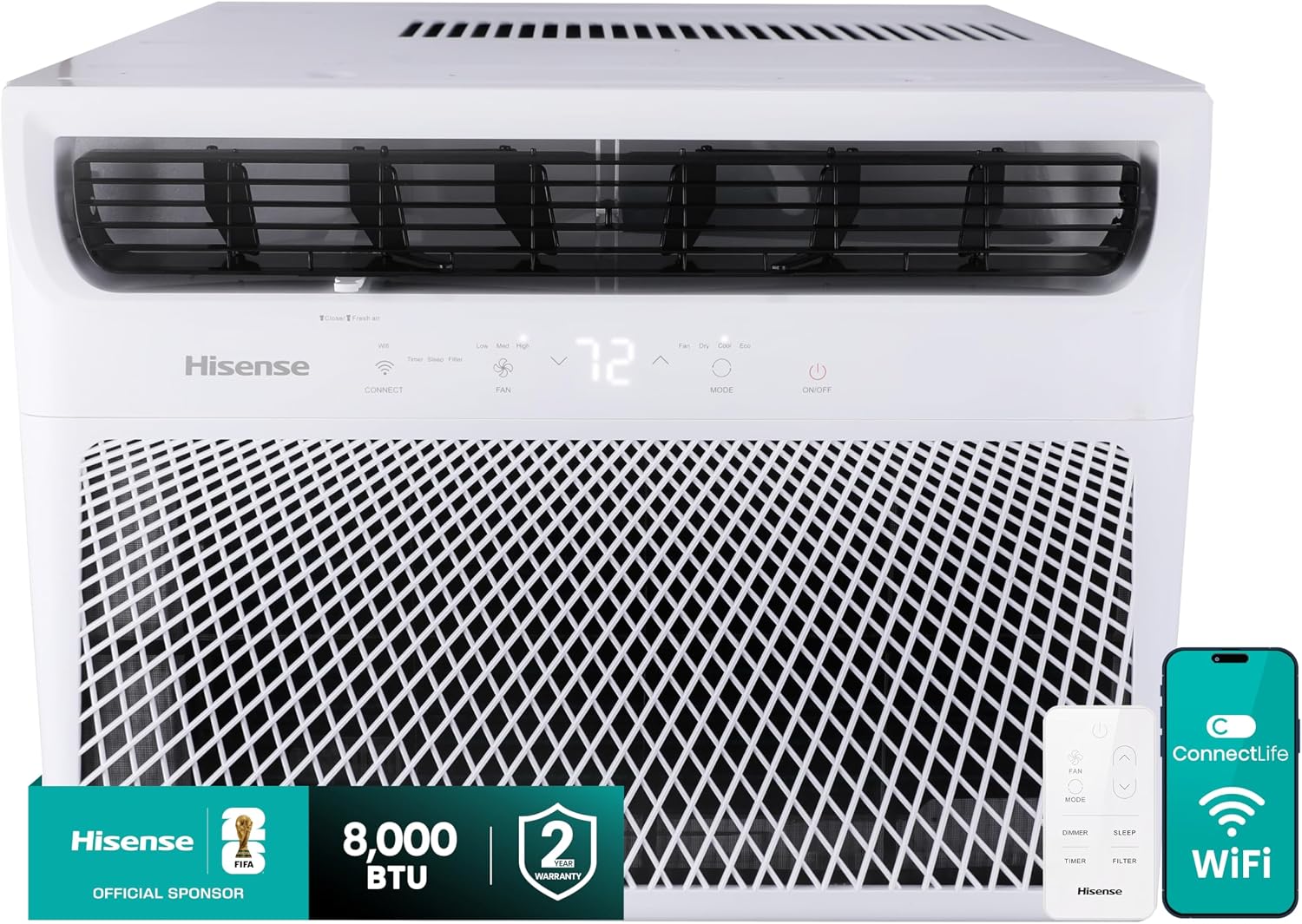 Hisense 8,000 BTU Smart Window Air Conditioner, 3 modes (Cooling, Fan, Dehumidifier), Easy Installation,Ultra Quiet, 2 Years Warranty