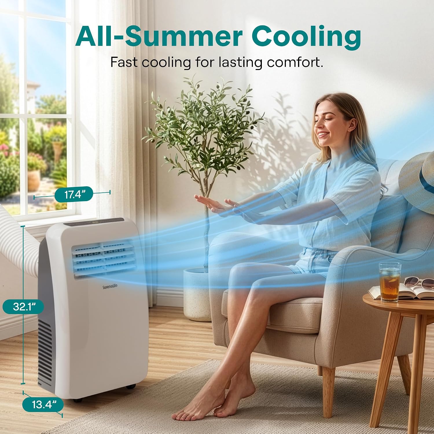 SereneLife Portable Air Conditioner with Heat & Built-in Dehumidifier 12,000 BTU, Portable Heater & AC for Rooms up to 550 Sq Ft - Remote Control & Window Mount Exhaust Kit Included