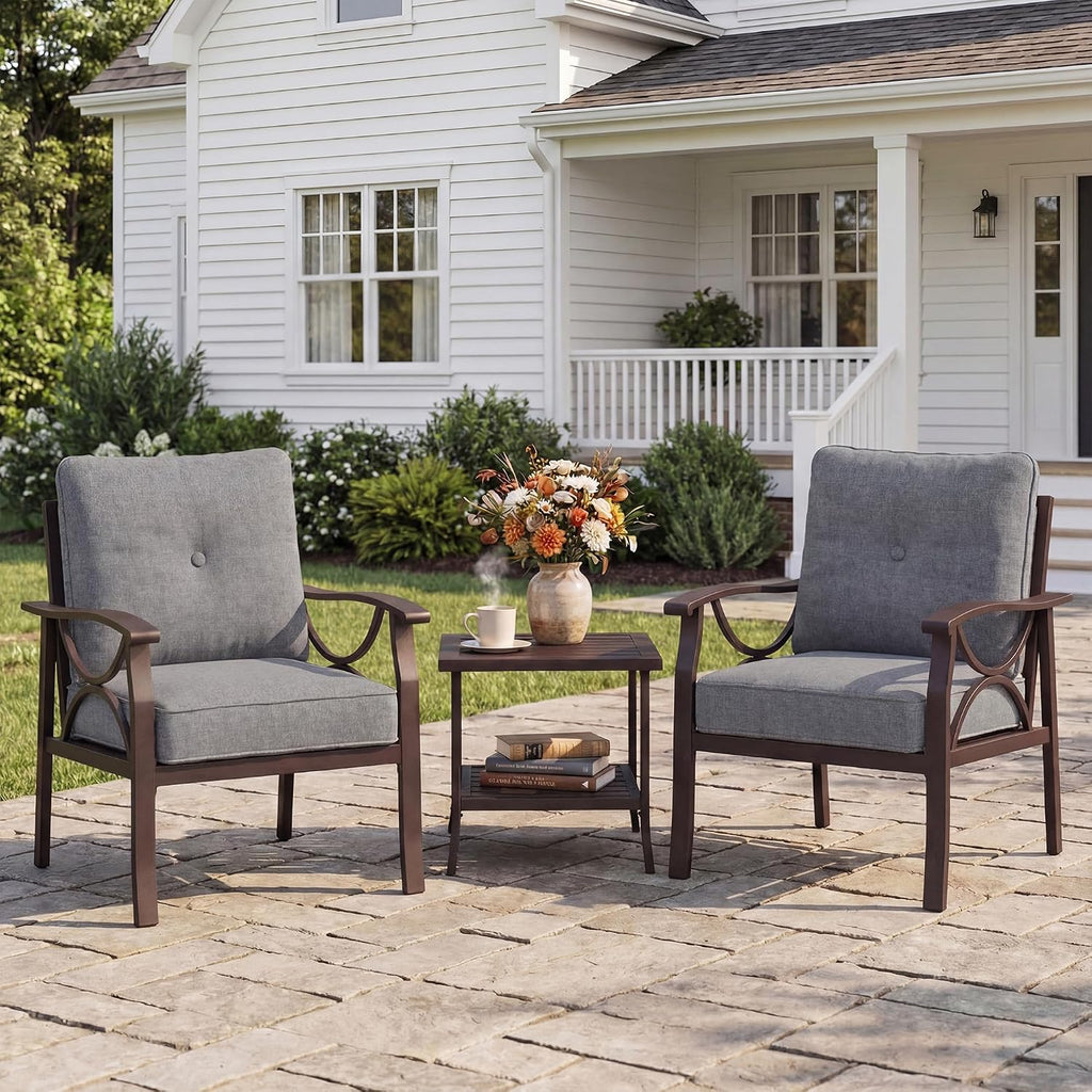 FansaFurn Outdoor Patio Furniture Set, 3 Pieces Metal Patio Conversation Set with Side Table for Backyard Garden Porch, Grey