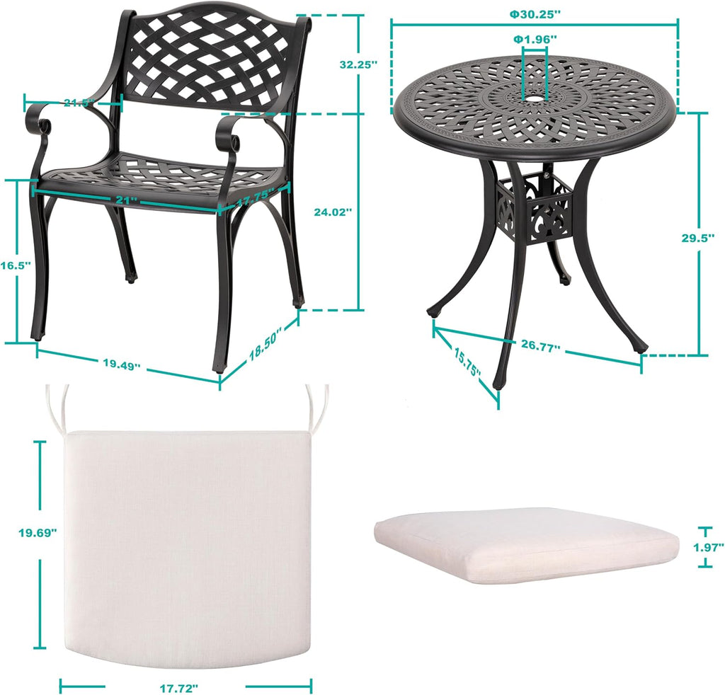 NUU GARDEN 3 Pieces Outdoor Patio Bistro Set, Cast Aluminum Patio Set with Umbrella Hole All-Weather Small Patio Table and Chairs for Balcony, Patio, Black and Beige Cushion