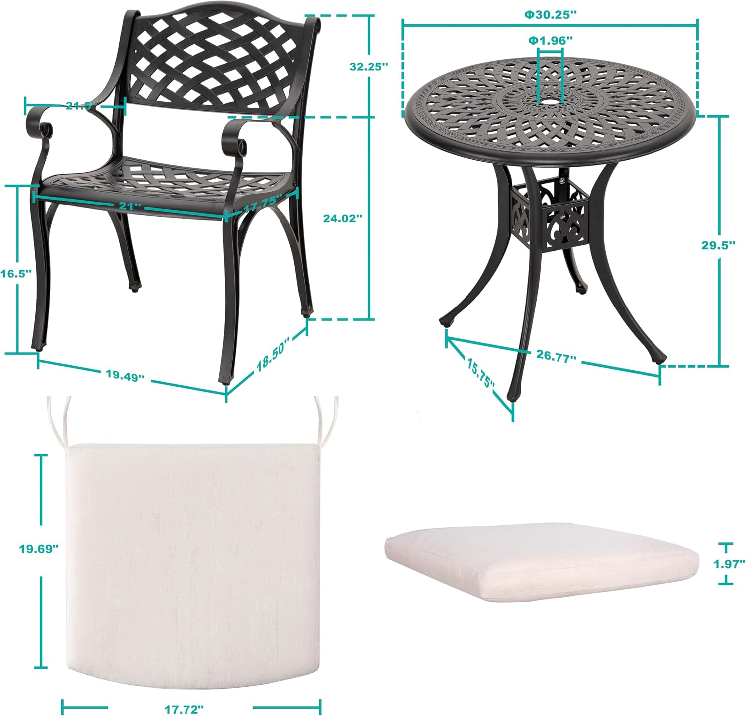 NUU GARDEN 3 Pieces Outdoor Patio Bistro Set, Cast Aluminum Patio Set with Umbrella Hole All-Weather Small Patio Table and Chairs for Balcony, Patio, Black and Beige Cushion