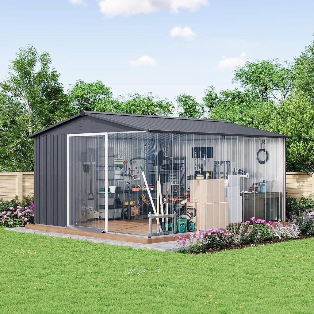 Garvee 10x12 ft Metal Storage Shed with Pitched Roof & Lockable Door, Outdoor Weatherproof Yard Tool Storage Shed for Organizing Bike, Lawn Mower, Tools and Equipment in Backyard, Yard, Lawn, Grey