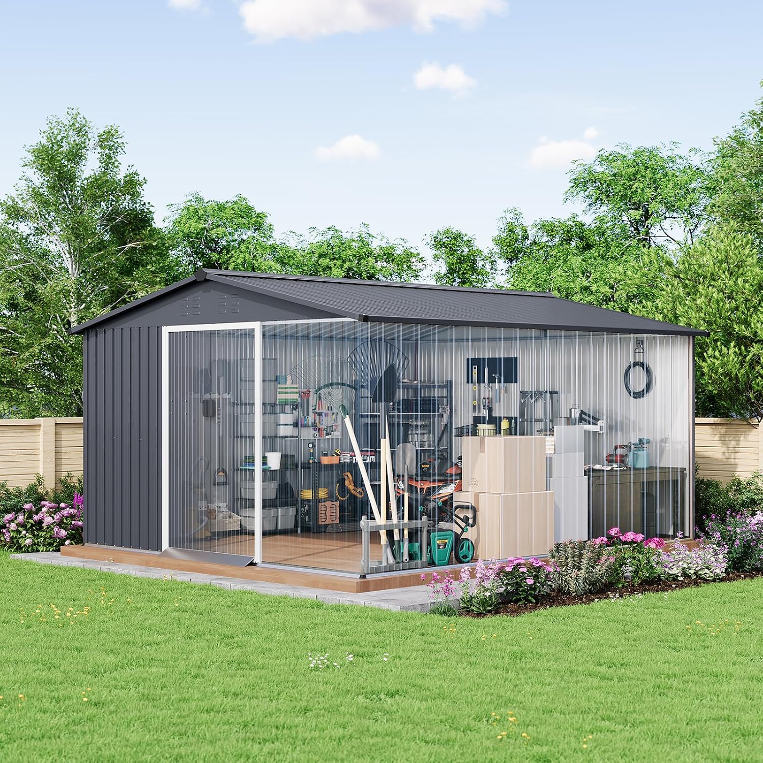 Garvee 10x12 ft Metal Storage Shed with Pitched Roof & Lockable Door, Outdoor Weatherproof Yard Tool Storage Shed for Organizing Bike, Lawn Mower, Tools and Equipment in Backyard, Yard, Lawn, Grey