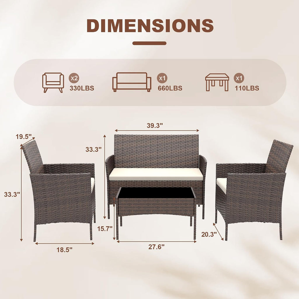 GarveeLife 4-Piece Patio Furniture Set, Rattan Outdoor Furniture with Upholstered Sofa, 2 Chairs & Coffee Table, Modern Conversation Bistro Set for Garden Backyard Porch (Brown and Beige)