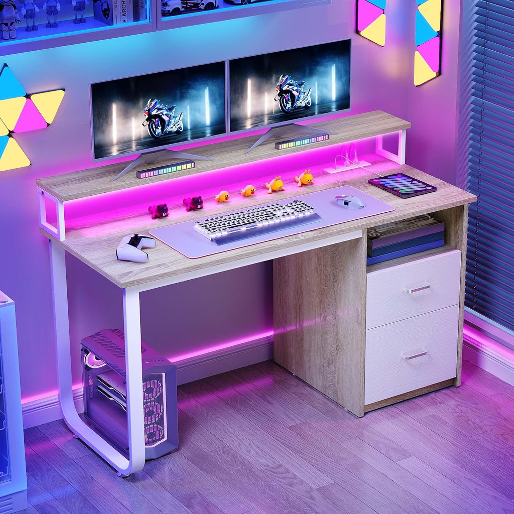 DWVO Computer Desk with Drawers, 55' Office Desk with Power Outlets & LED Light, Home Office Desk with Storage Shelves, White & Oak