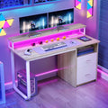 DWVO Computer Desk with Drawers, 55' Office Desk with Power Outlets & LED Light, Home Office Desk with Storage Shelves, White & Oak