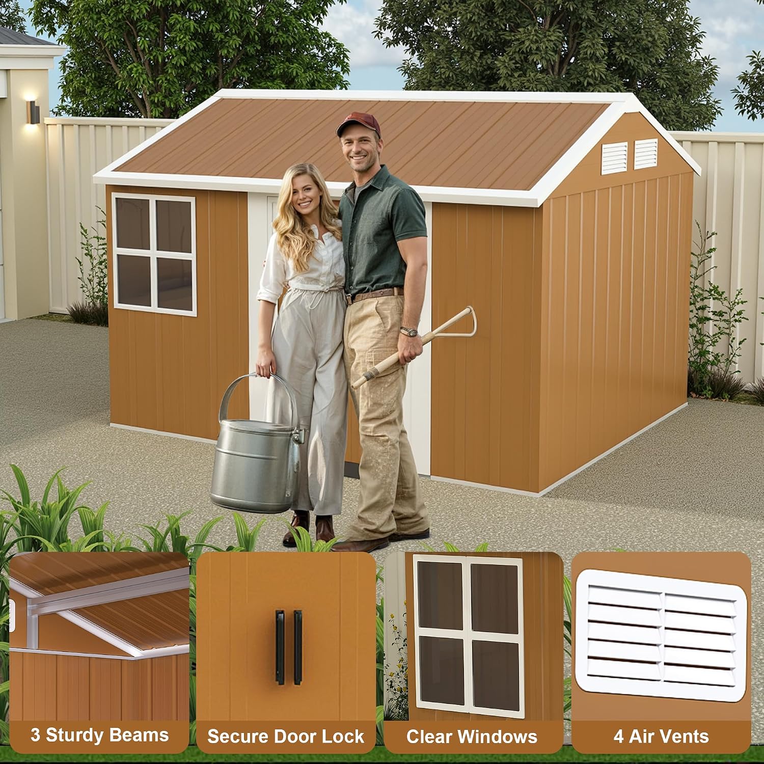 YOPTO 8X10 FT Metal Sheds & Outdoor Storage,Waterproof Large Backyard Shed House W/Windows and Sliding Door,Heavy-Duty Tool Organization with Sloped Roof & Vents,for Garden Pet House,Brown