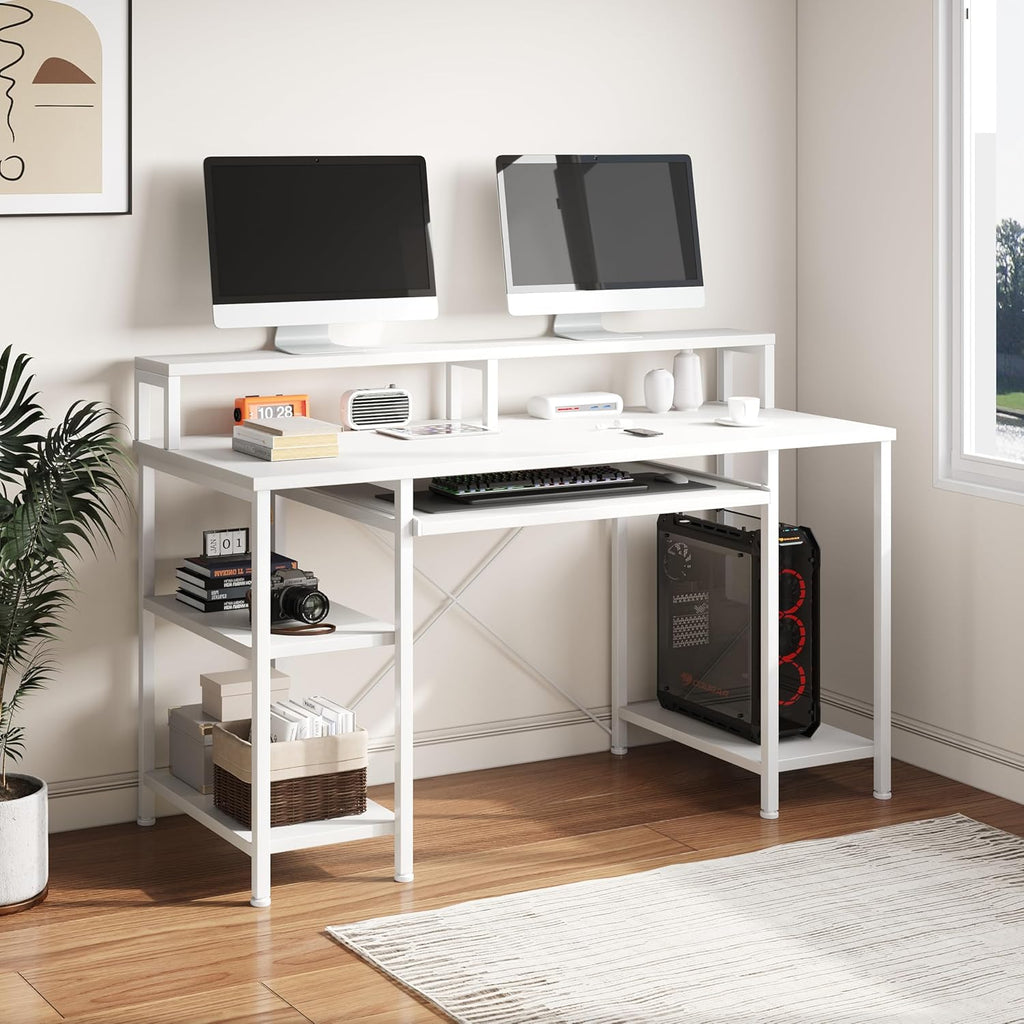 VERMESS 48 Inch Computer Desk, Home Office White With Keyboard Tray, Gaming With Full Monitor Stand, Storage Shelves & CPU Stand, Modern Study Writing Table Studio Work With Shelf