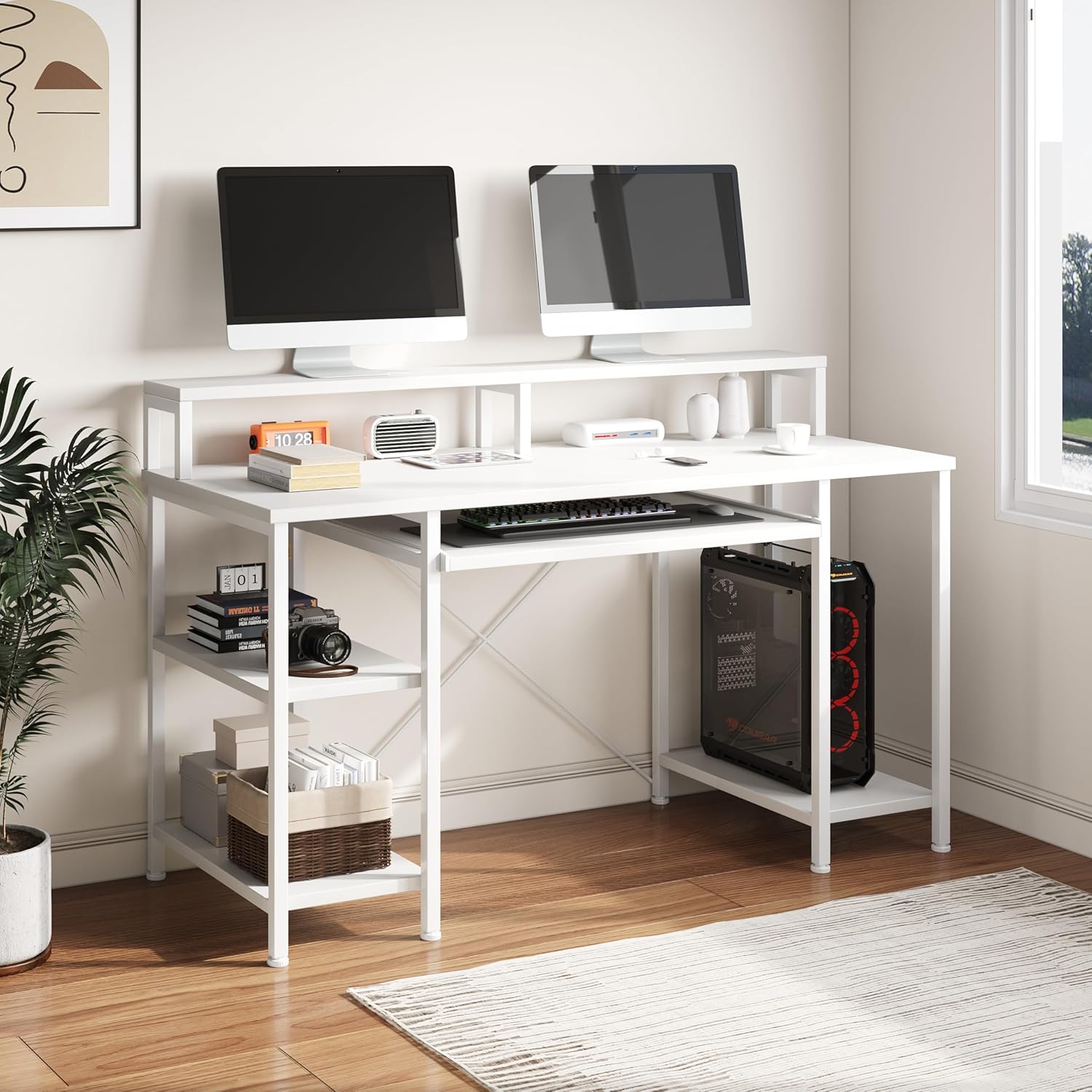 VERMESS 48 Inch Computer Desk, Home Office White With Keyboard Tray, Gaming With Full Monitor Stand, Storage Shelves & CPU Stand, Modern Study Writing Table Studio Work With Shelf