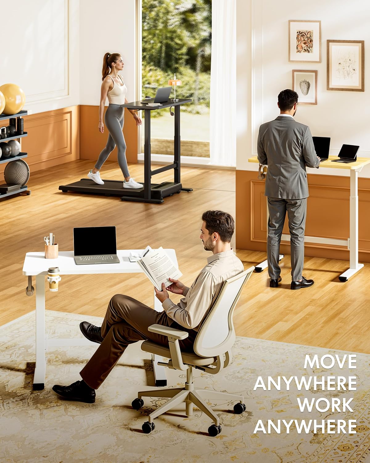 FLEXISPOT H7 Plus Gas Spring Adjustable Standing Desk, Mobile Rolling Sit-Stand Table with Wheels, Cordless Stand Up Desk for Small Spaces & Home Office, 48' One-Piece Desktop Black,Height 27.6'–45'