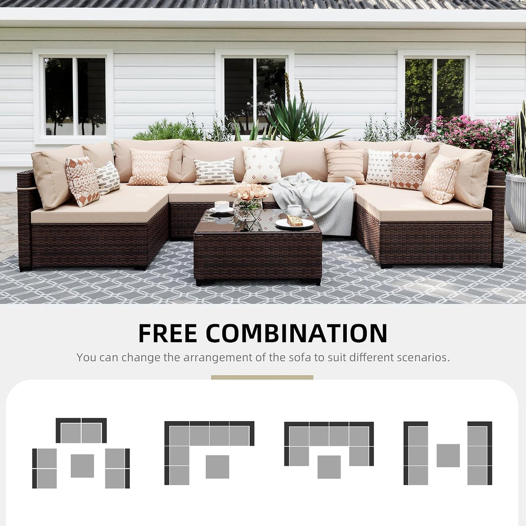 UPHA 7 Pieces Patio Furniture Sets, Wicker Outdoor Sectional Sofa Couch with Coffee Table, Patio Conversation Set for Deck Backyard Garden, Brown Rattan, Beige Cushion