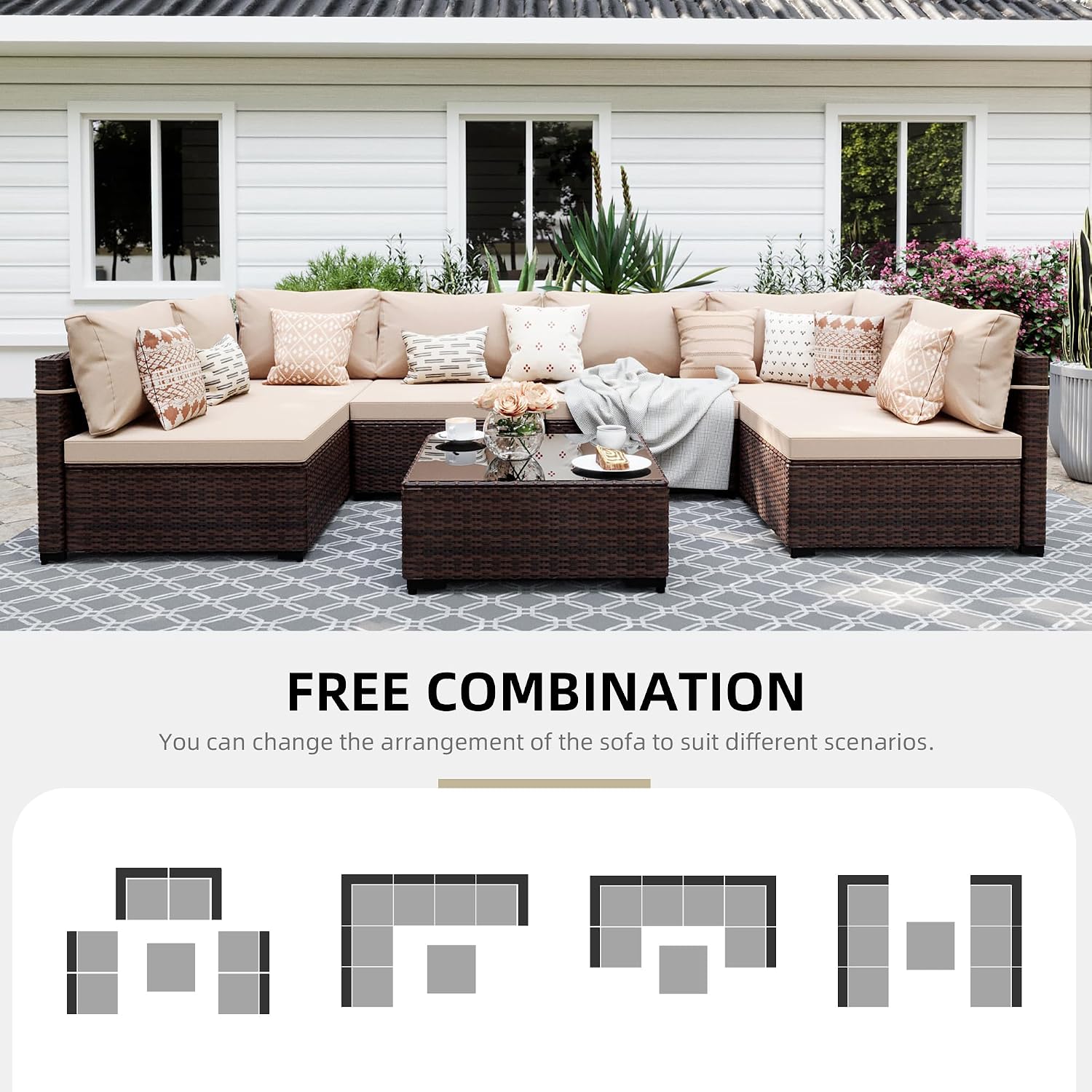 UPHA 7 Pieces Patio Furniture Sets, Wicker Outdoor Sectional Sofa Couch with Coffee Table, Patio Conversation Set for Deck Backyard Garden, Brown Rattan, Beige Cushion