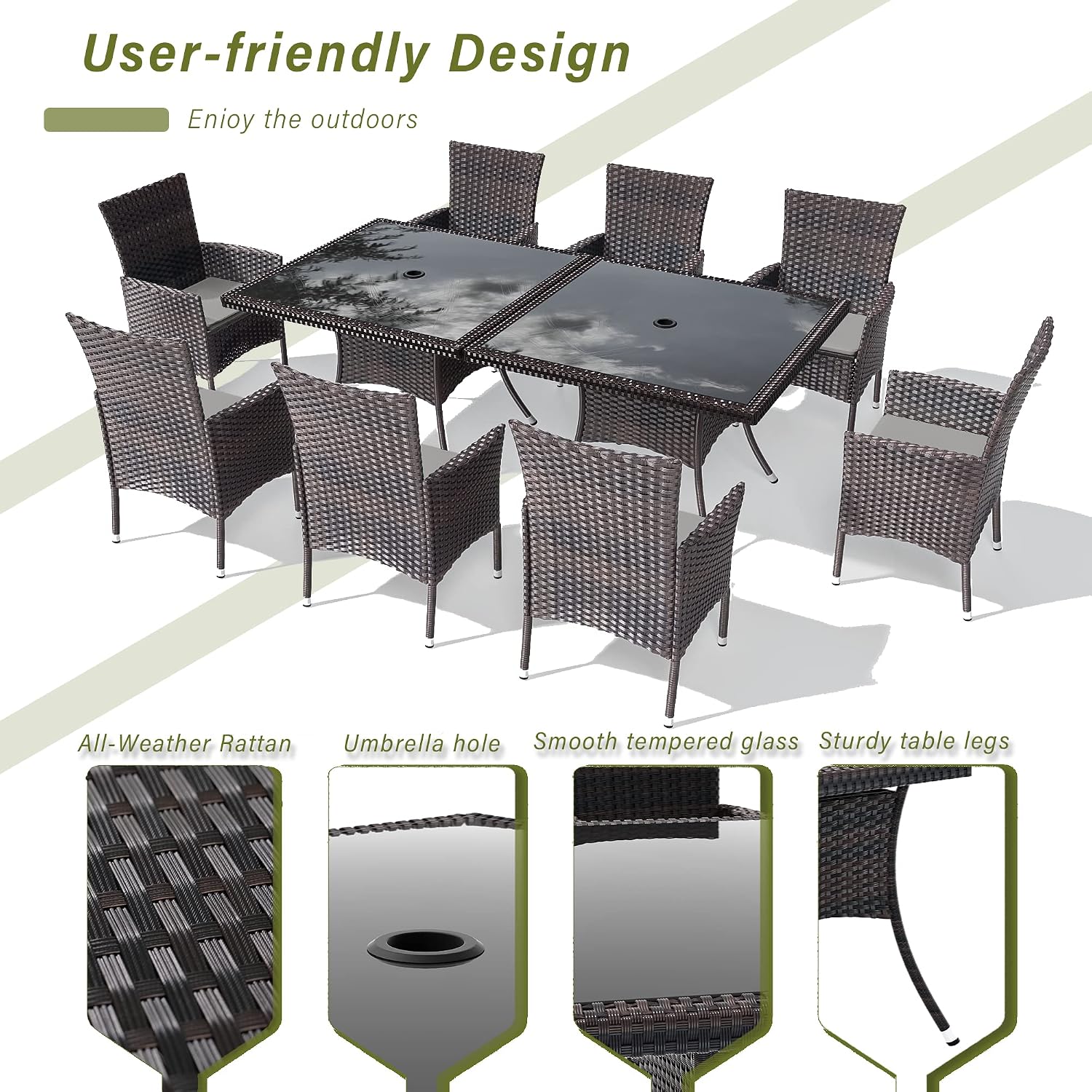 10 Pieces Outdoor Patio Dining Set,Patio Table and Chairs Rattan Outdoor Patio Furniture Set with Umbrella Hole,Dining Table Set for 8 with Chairs for Backyard,Garden and Kitchen,Grey